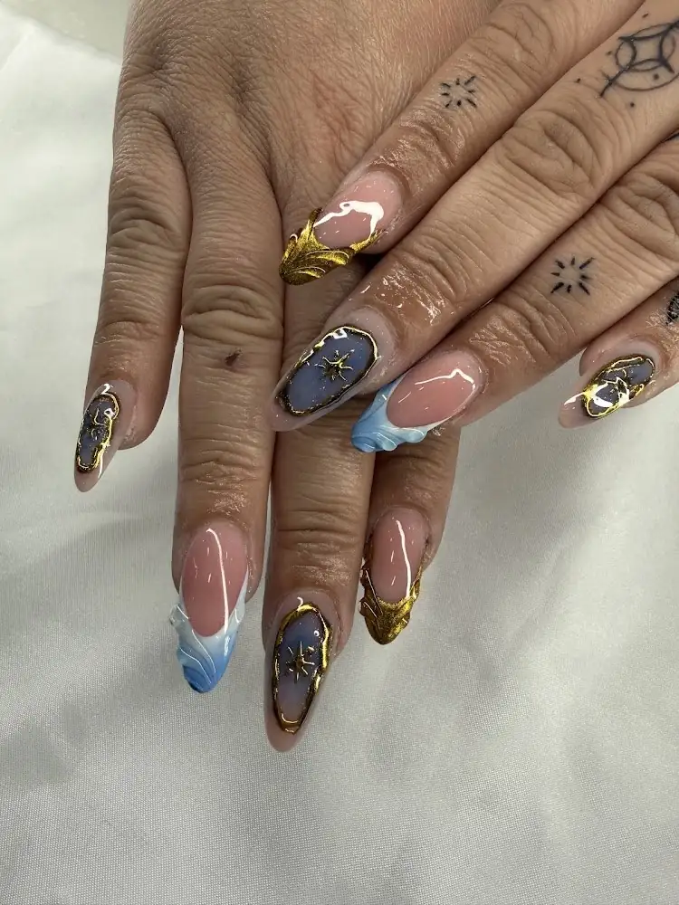 Gold and blue nail art